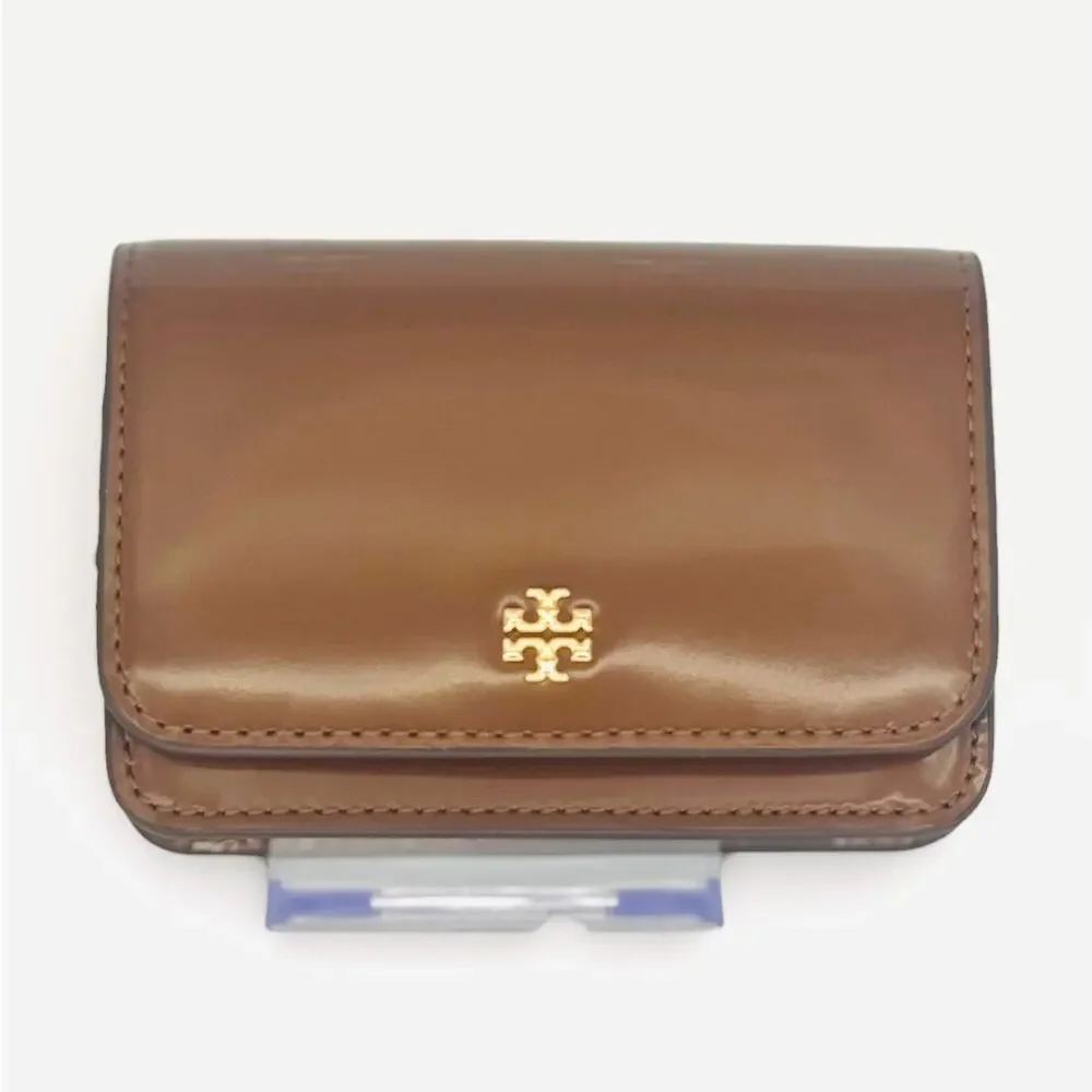$175 Tory Burch Flap Card Case Wallet Brown Patent Leather Gold Key Chain